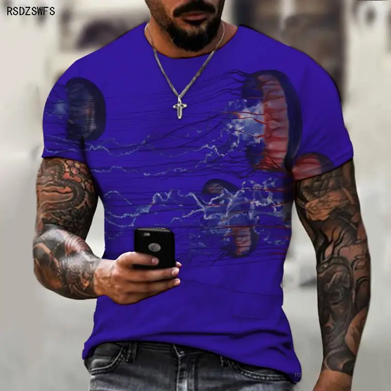 2021 Summer Men's T-shirt 3d Deep Sea Mysterious Jellyfish Print Color Round Neck Short Sleeve Comfortable Loose Edition