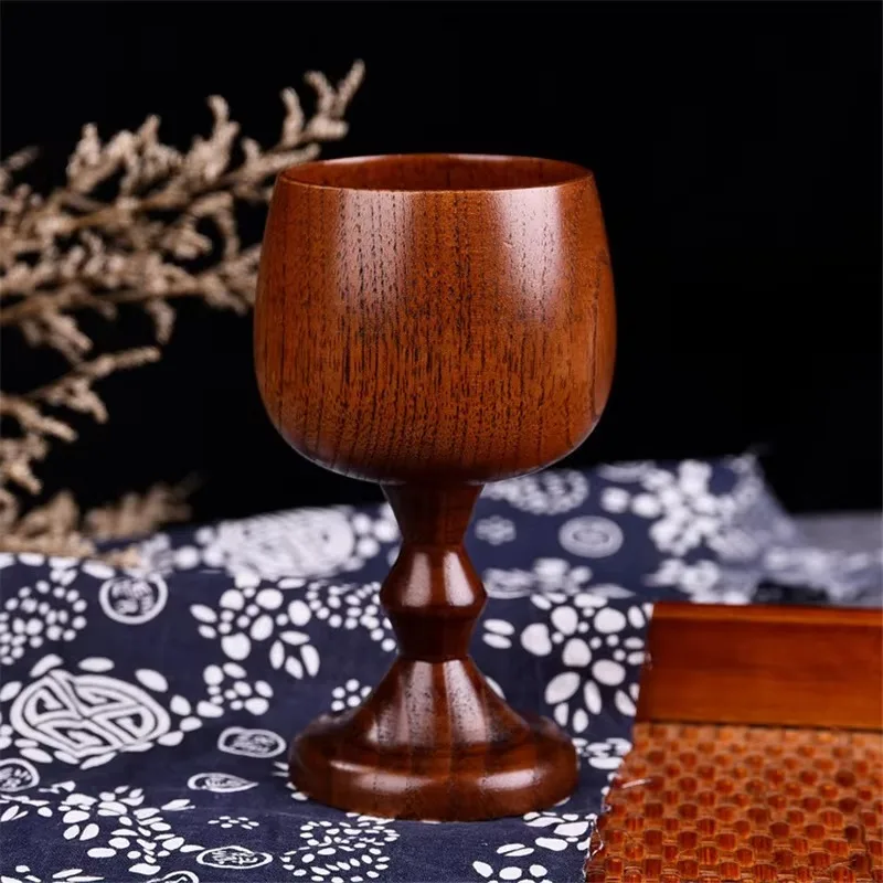 Jujube Wood Goblet Hand Carved Wooden Wine Cup Retro Style for Bar Party Home Drinking Decor