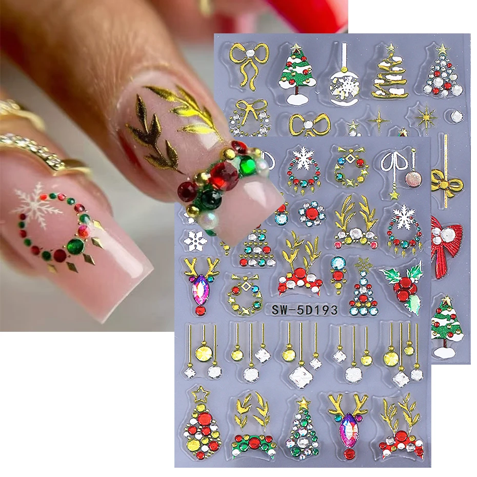 2 قطعة عيد الميلاد 5D تنقش مسمار ملصقات الشتاء القوس مصباح الكرة شجرة عيد الميلاد قرن الوعل مسمار الشارات المتزلجون السنة الجديدة مانيكير الديكور