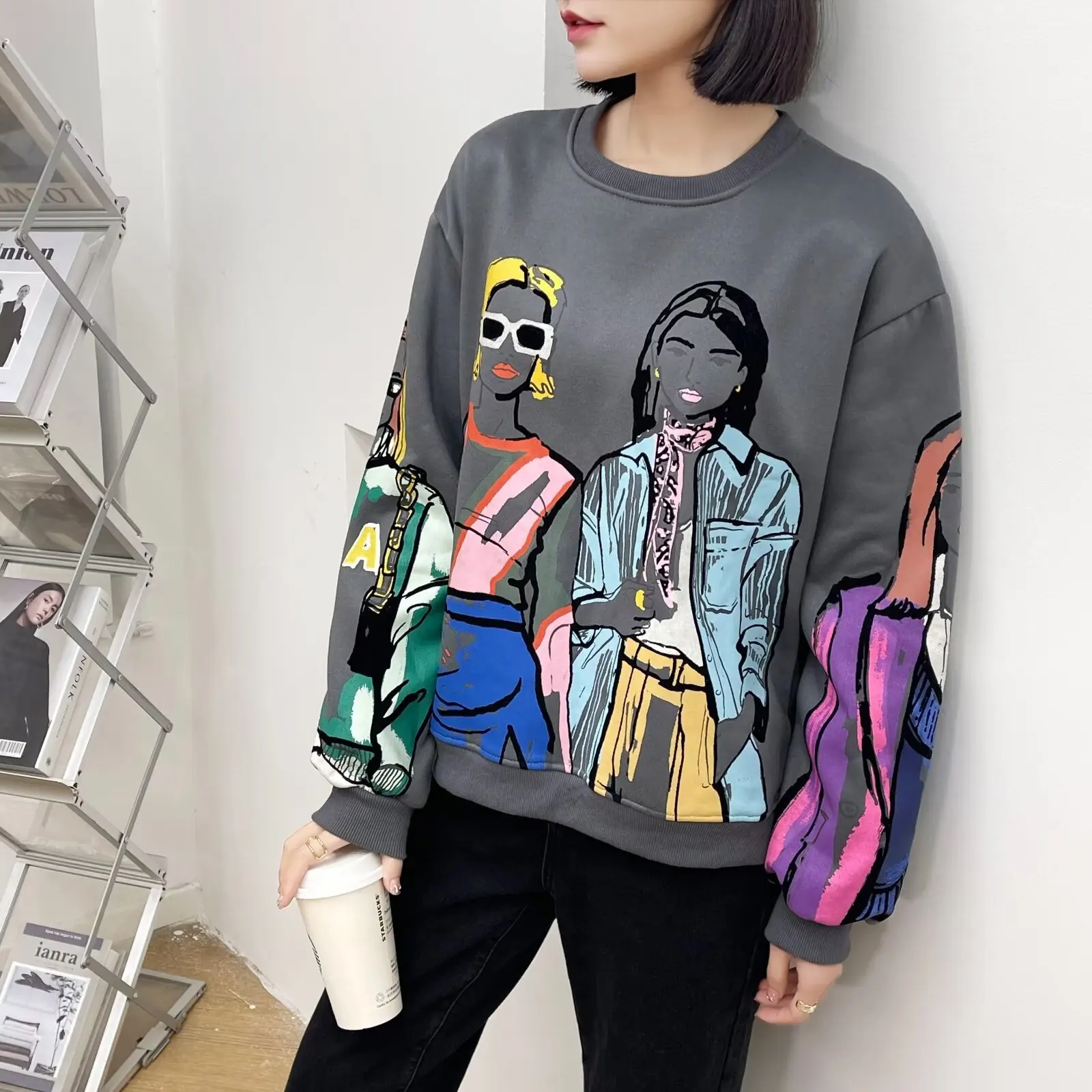 2024 New Autumn Winter Fashion Women Print fleecing hoodie Vintage O-Neck Long Sleeves Casual Loose Female Pullovers Sweatshirts