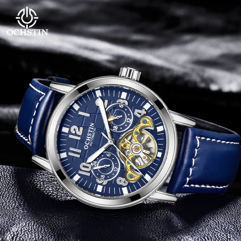 OCHSTIN Waterproof Business Watches Men‘s Leather Strap Masterpiece Craftsmanship Series Flywheel Hollow Machinery Watch
