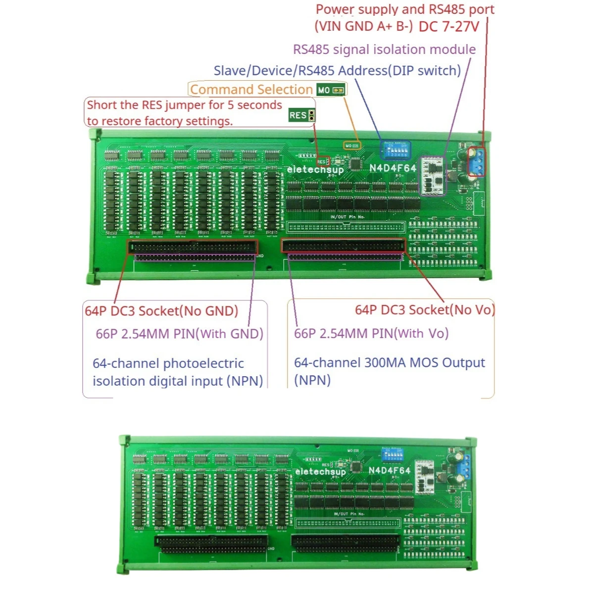 

DC 7-27V 64CH DI-DO RS485 Isolate IO Module Isolate Input Darlington Output for PLC Relay HMI IC Tester Industrial Control