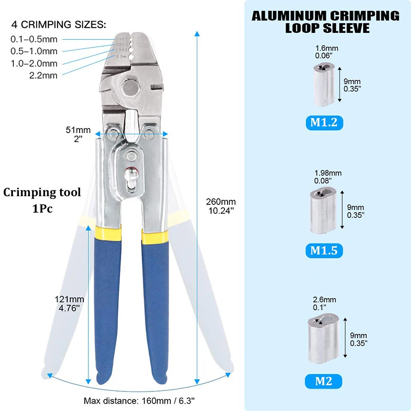 Wire Rope Crimping Fishing Swaging Tool Cable Ferrule Crimps up to 2.2mm Aluminum Tube Double Barrel Ferrule Loop Sleeve