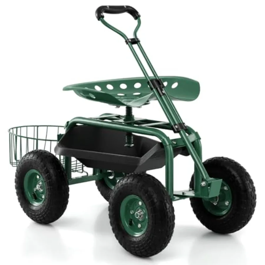 

Heavy Duty Garden Cart Work Seat w 360 Swivel Seat and Storage Basket 4Wheel Rolling Planting Cart w Tool Tray Extendable Steer