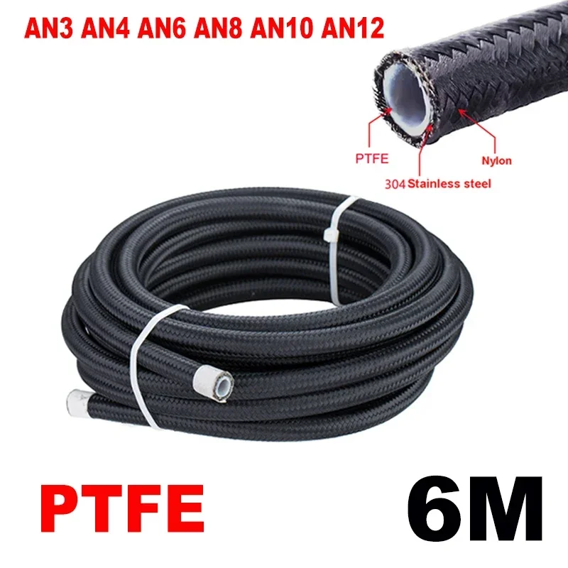 

6M/20FT AN3 AN4 AN6 AN8 AN10 Black Fuel Hose Oil Gas Cooler Line Pipe Tube Inside PTFE Nylon Stainless Steel Double Braided