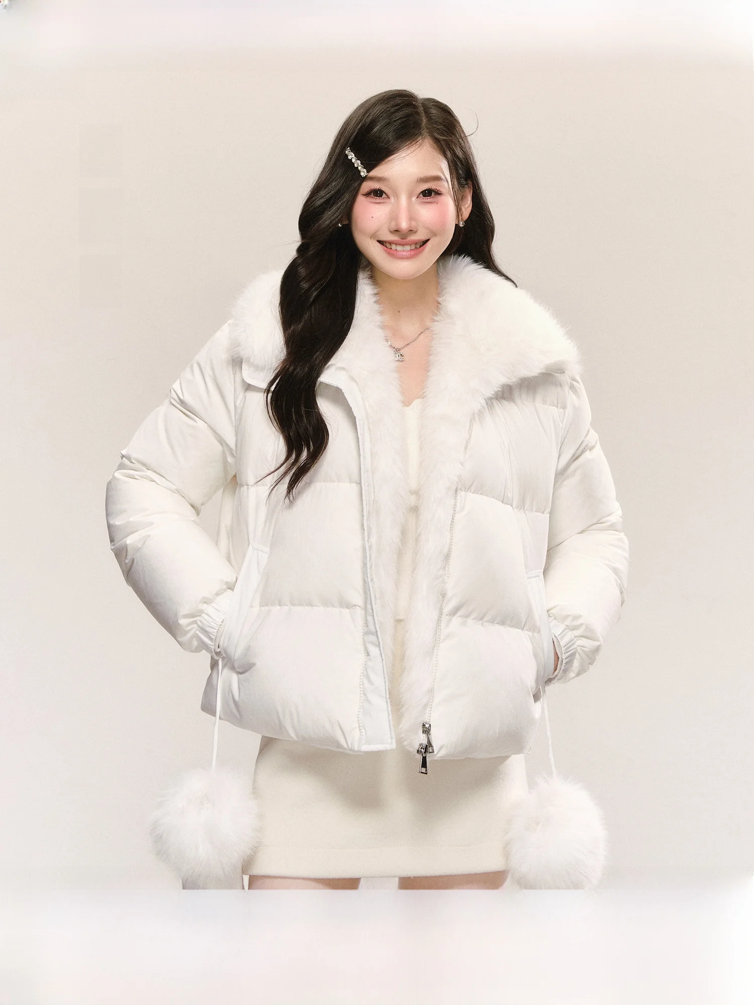 

Пальто QDQD Sweet Temperament Blue Down Jaet, осенне-зимнее, очень теплое, белое, пуховое, в стиле «пуховик», с меховым воротником, в корейском стиле.