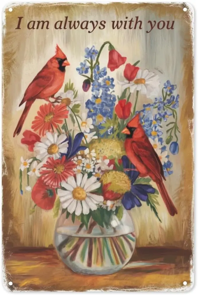 Red Bird Memorial Tin Sign IN Rustic Metal Wall Art for Porch, Garden  Sympathy Gift Decor with Feather Motif-Aluminum