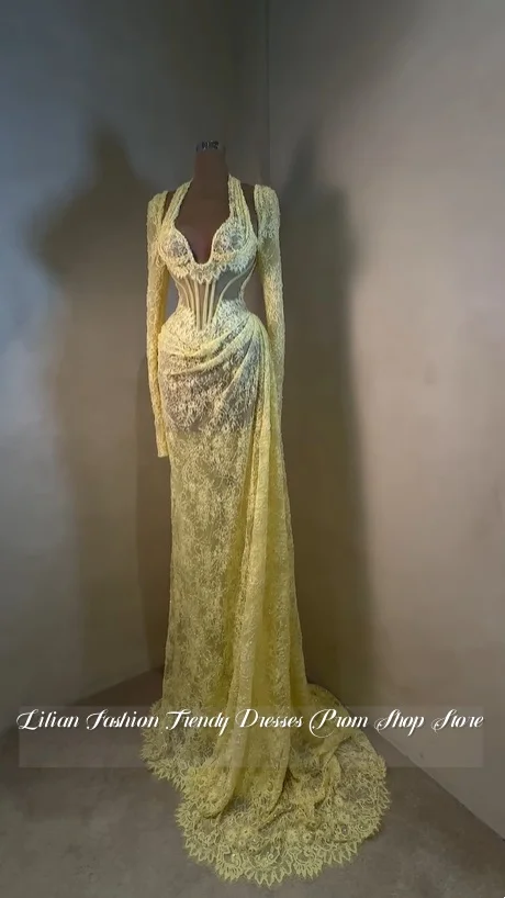 Custom Yellow Lace Wedding Dress Semi Sheer Corset Dreamy Bridal Gown Formal Evening Gown Engagement Dress Bridal Wedding Dress