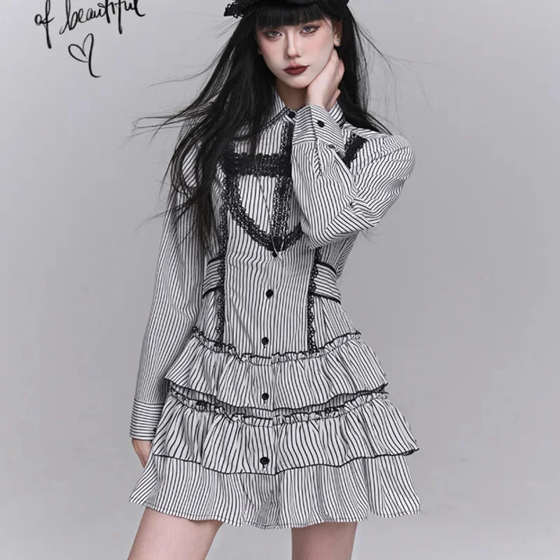 Fashion Gothic Y2K Ghost Dresses Gothic Striped Shirt Dress Long Sleeves Halloween Outfit Kawaii Lolita A-line Dress Girls New