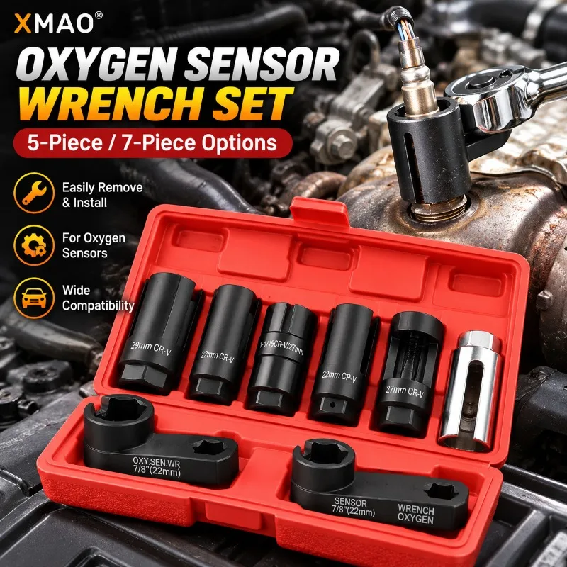 5/7Pcs Oxygen Sensor Socket Wrench Set 22/27/29mm CR-V O2 Sensor Removal Tool Kit 3/8 & 1/2in Drive Automotive Repair Tools