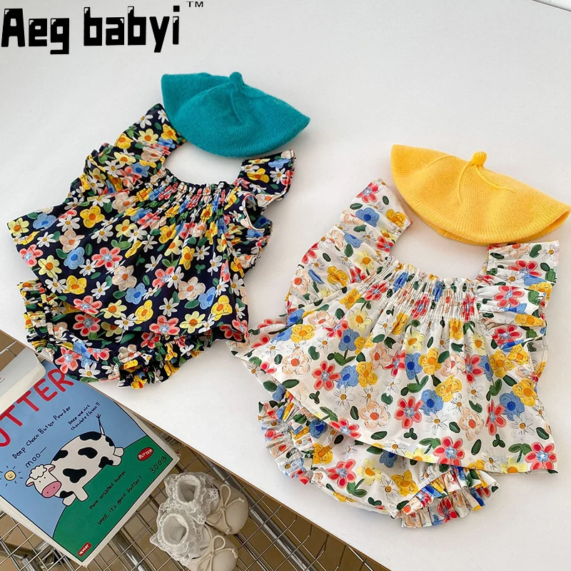 

Korean Summer New Baby Girl Clothing Set Sleeveless Floral Sleeveless Top+ Butt Shorts 2pcs Girls Suit Fashion Toddler Tee Set