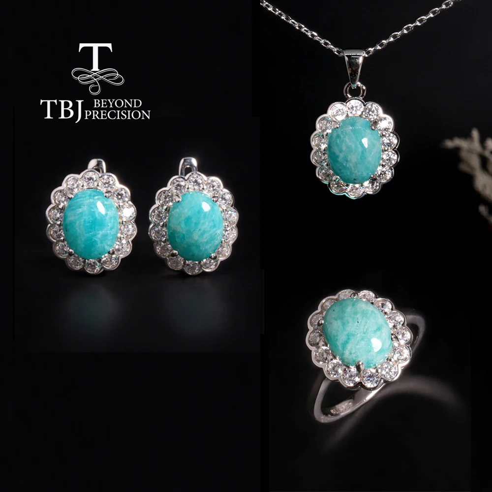 Natural amazonite Ring Earrings Necklace Jewelry Set Light Luxury 925 sterling silver women Anniversary & Wedding & banquet gift