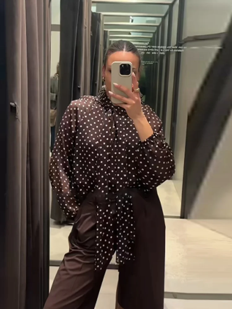 

Elegant Long Sleeve Bow Lace Up Cropped Shirt Fashion Polka Dot Chiffon Blouse 2026 Spring New Versatile Women Shirt High Street