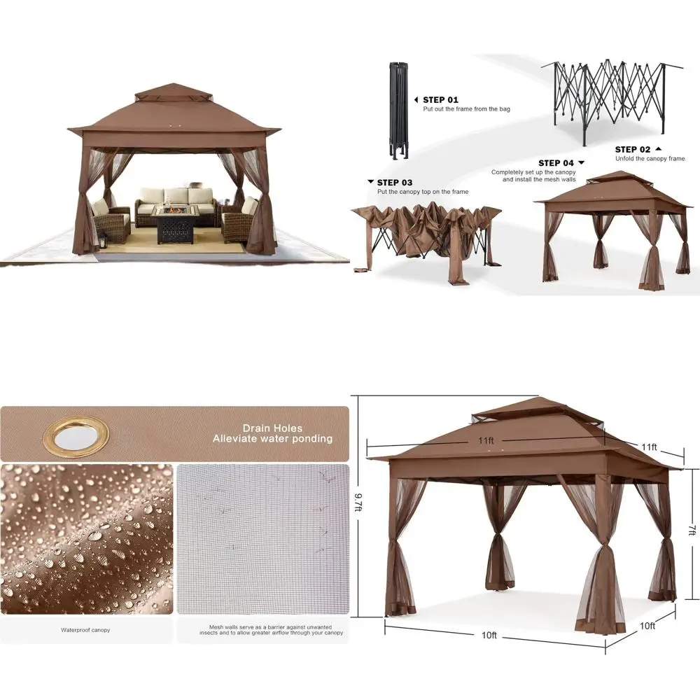 

Brown 11x11 Outdoor Gazebo with Mosquito Netting, Pop-Up Canopy Shelter for Patio