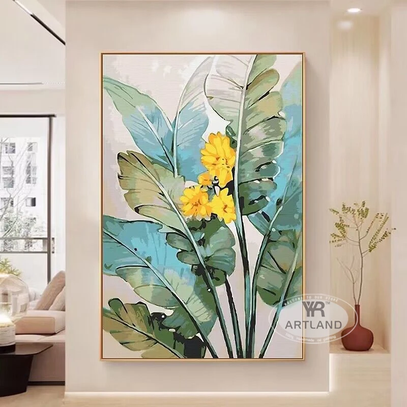 

Modern Nordic Banana Leaves Yellow Flowers Handmade Oil Painting Home Decoration For Bedroom Dining Room Living Room Home Mural