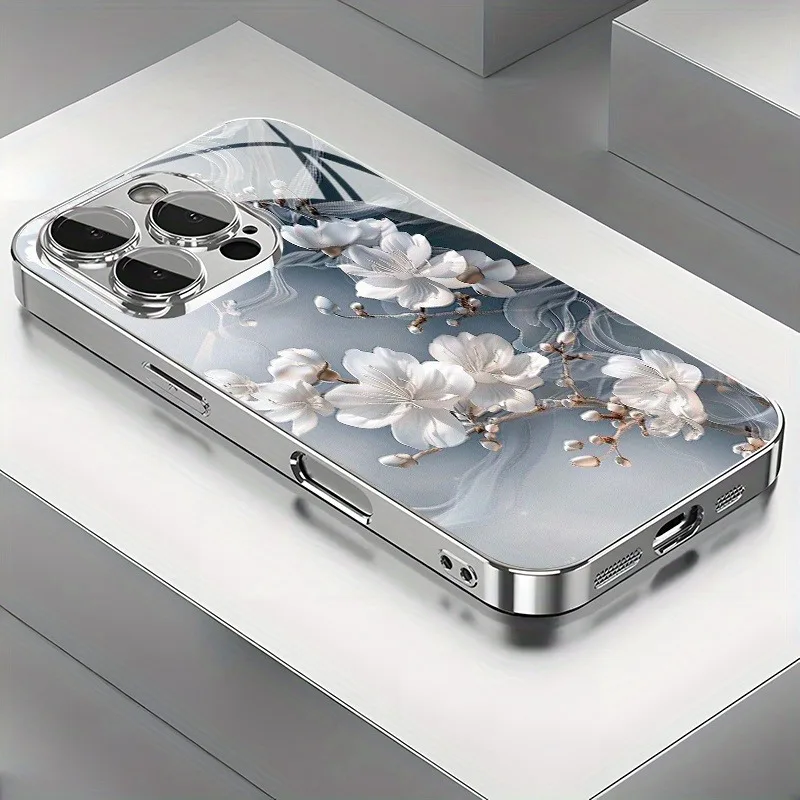 

Stylish White Floral Electroplated Tempered Glass Phone Case For iPhone 17 16 15 14 13 12 11 Pro Max Plus 16E 17 Air Tpu Cover