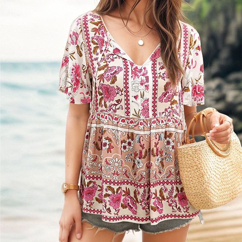 Summer New Women's Casual Vacation Style Top with Strap Printed Lotus Leaf Sleeves Shirt