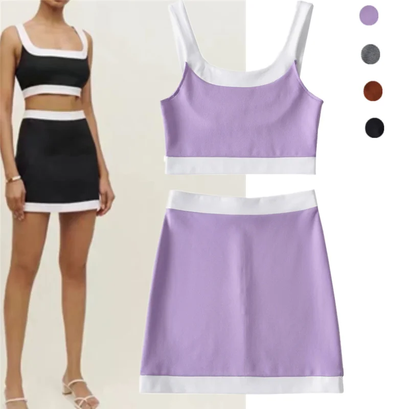 

Spor Повседневный цветной комплект с юбкой с высокой талией и винтажной контрастной цветной вставкой, облегающий молодежный ансамбль Faion