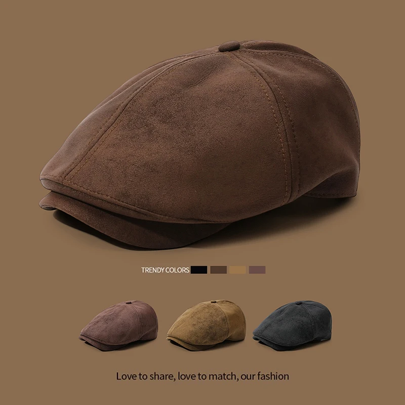 Vintage Faux‑Suede Retro Newsboy Beret Hat, Adjustable Peaked Ivy Cap, Casual Outdoor Driving Hat for Autumn and Winter