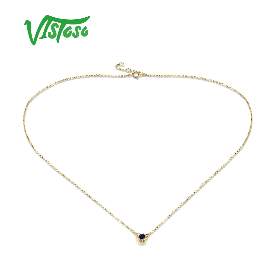 VISTOSO Gold Necklace For Women Authentic 14K 585 Yellow Gold Sparkling Blue Sapphire Necklace Minimalist Trendy Fine Jewelry