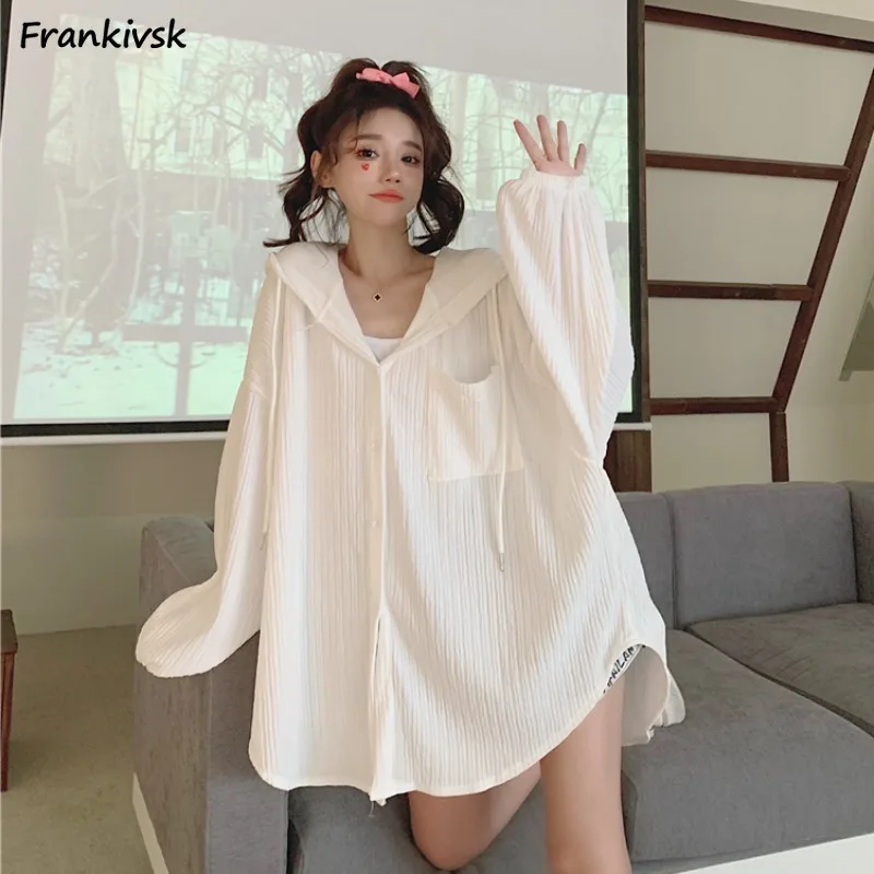 

Solid Jackets Women Summer Hooded Loose Sun-proof Thin Breathable Pocket Simple All-match Full Length Streetwear Fashion Leisure