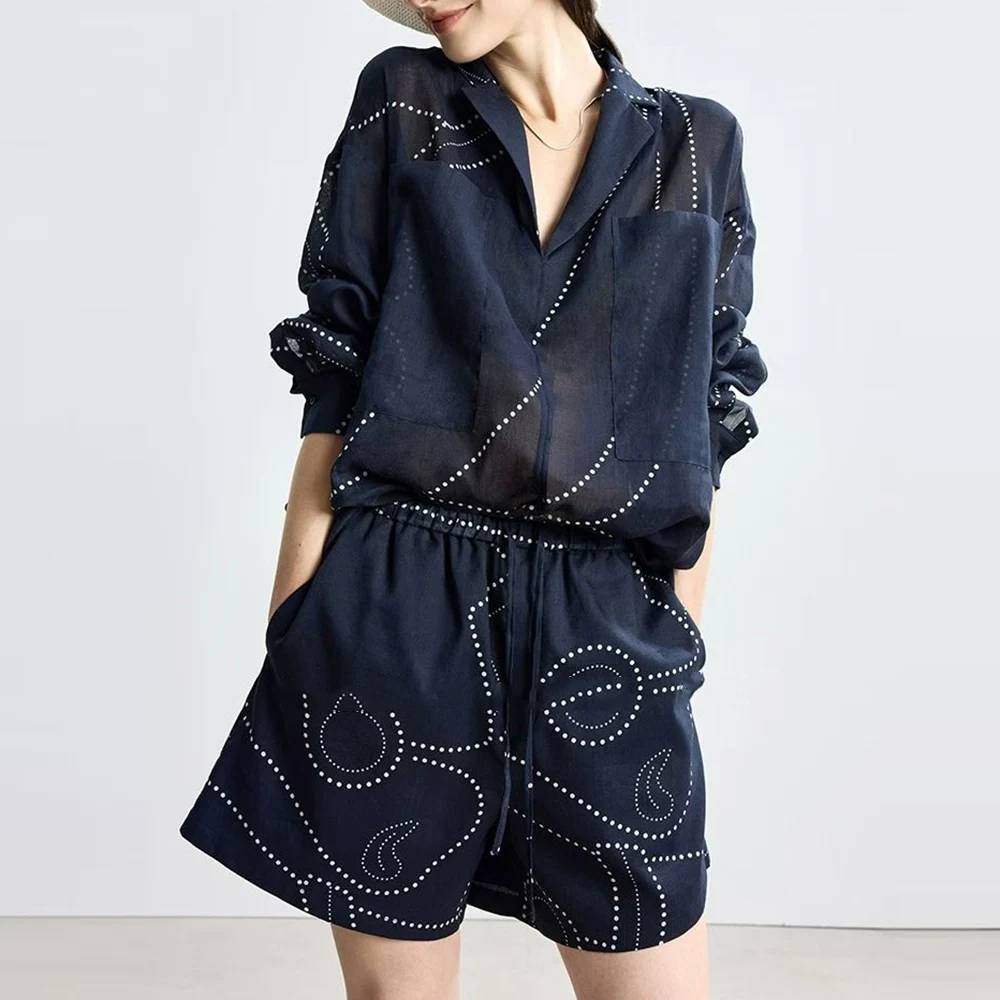 TWOTWINSTYLE Navy Spliced Dot Printing Two Piece Set Female Lapel Long Sleeve Shirt Casual Women's Short Pants Set Autumn New