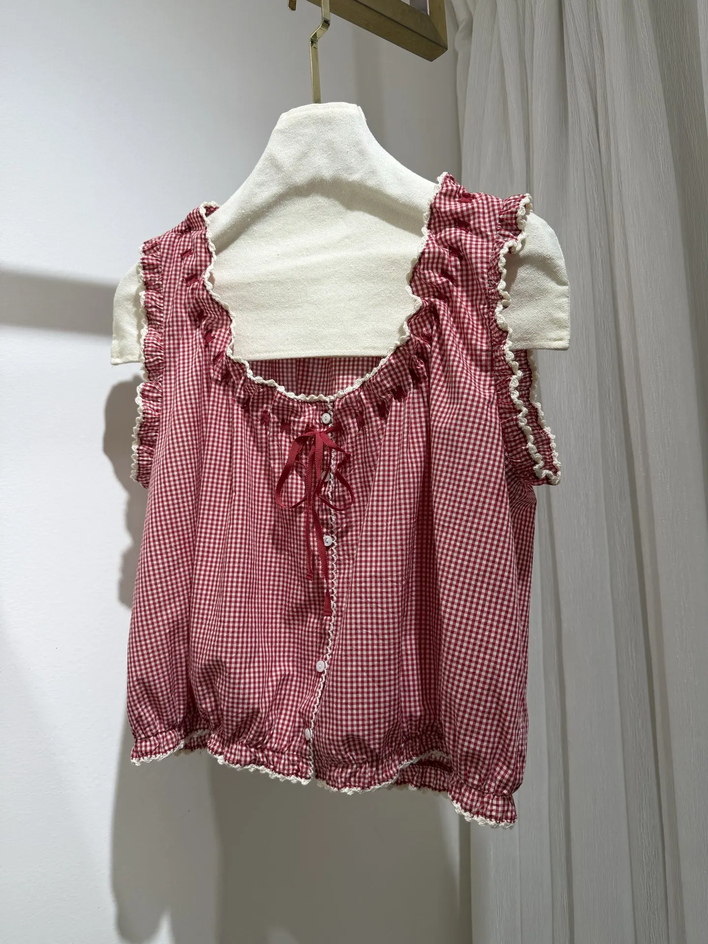 2026 Summer Red Plaid Women Casual Tank Tops Embroidery Edge U-Neck Sleeveless Single Breasted Loose Female 100% Cotton Vest