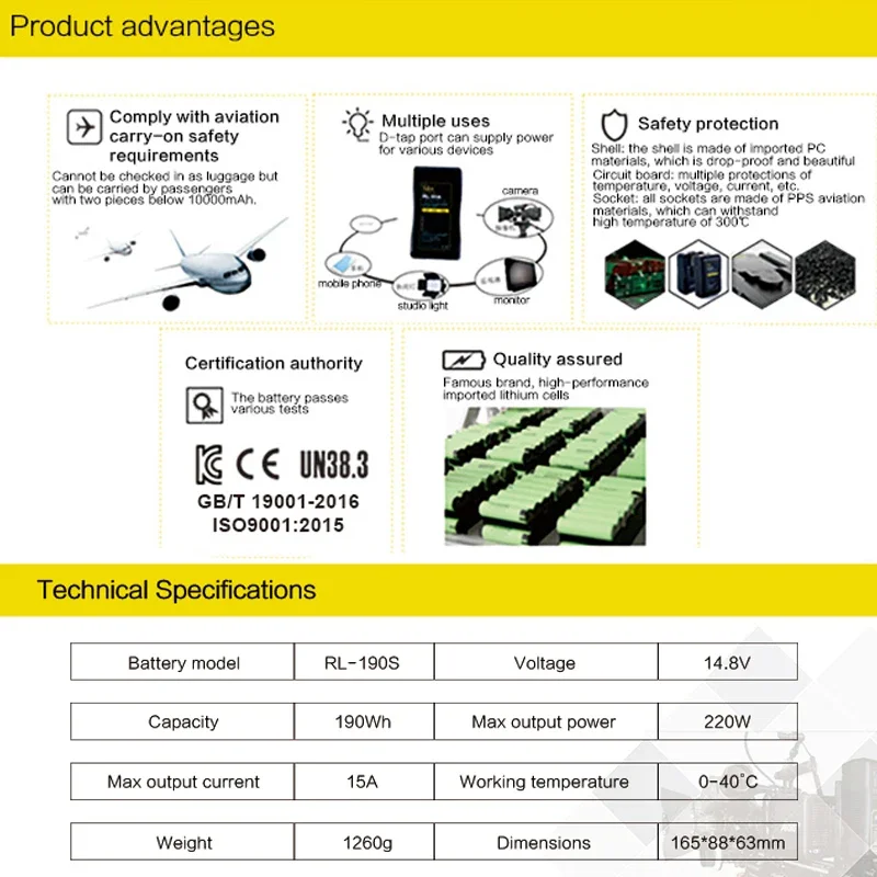 YINCHEM Batter RL-95S RL-190S Bateria para câmera com montagem em V 190wh 14,8V com carregador de viagem portátil RL-2KS Carregador duplo de 2 canais
