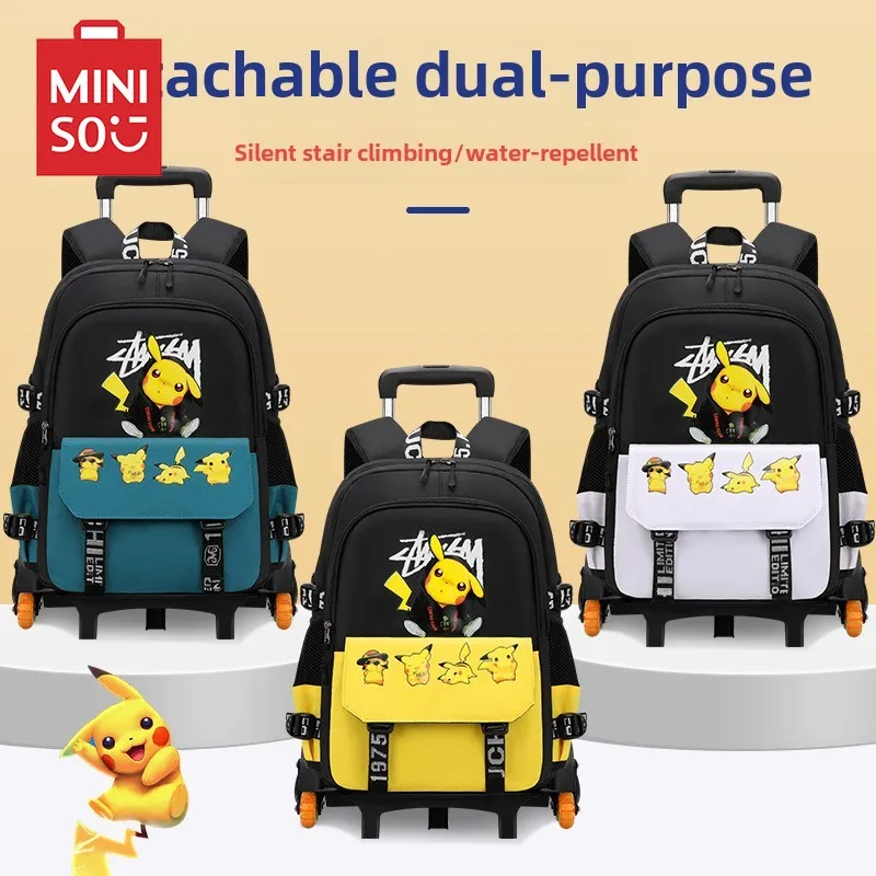 MINISO Pikachu Elementary School Students' Pull up Backpack, Men's Six Wheel Climbing Staircase, Detachable Pull up Backpack