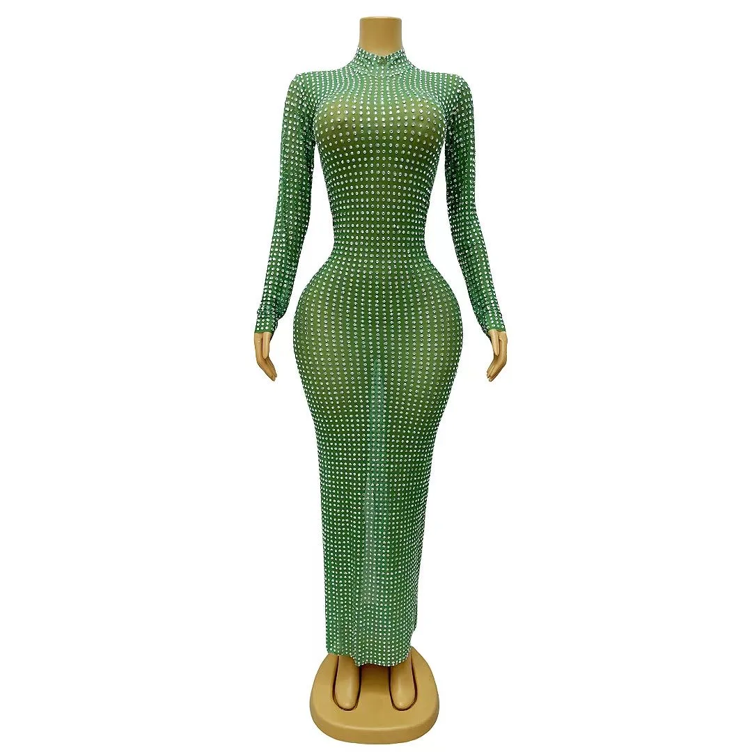 

Sexy O Neck Perspective Mesh Crystal Diamond Long Dress Women Black Green Long Sleeve Beads See Through Dress Nightclub Party