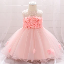 Toddler Baptism Girl Party Dress For Baby Tulle Flower 1st Birthday Princess Girls Dress White Wedding Infant Princess Prom Gown