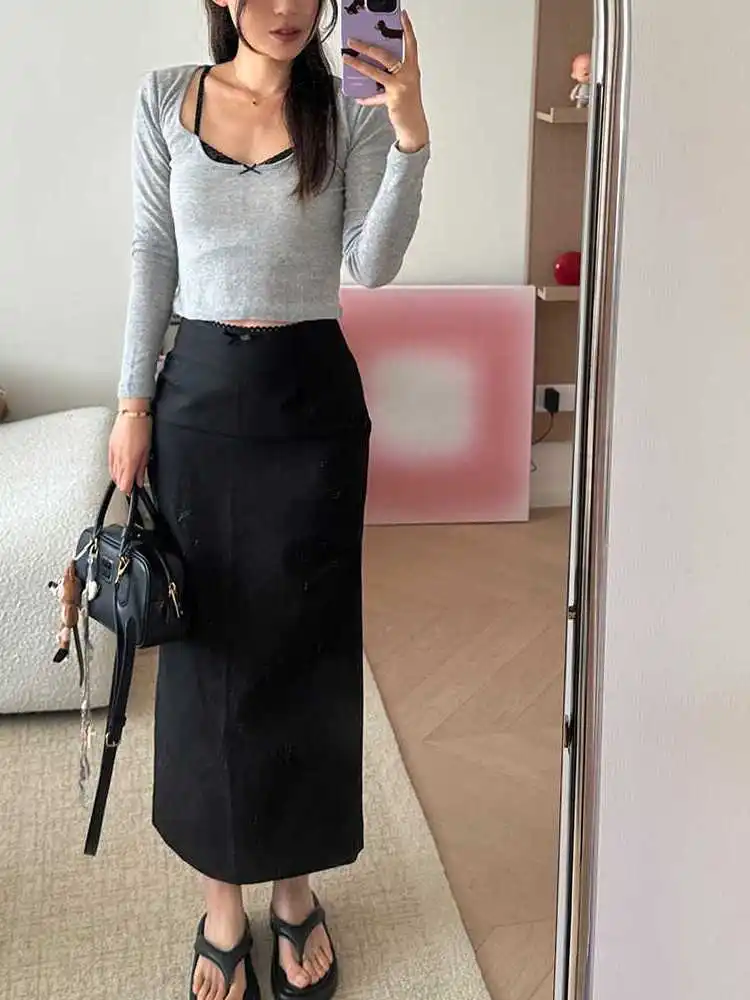 

Bluejasmine High Waist Lace Trim Fi Tail Bla Pleated Sexy Curvy Long Skirt Wrap around mid Length A-Line Polyester Blend