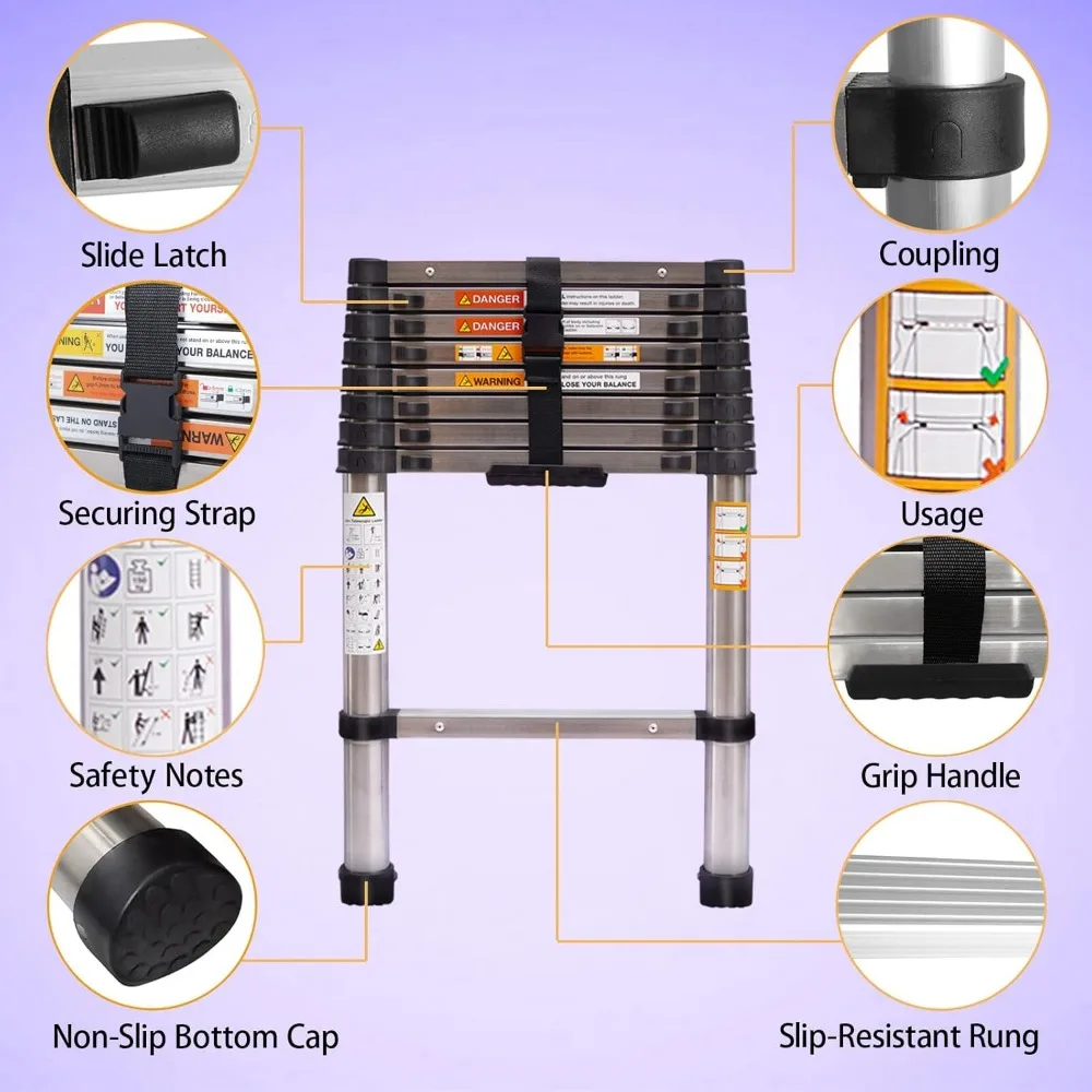 سلم تصغير عالي التحمل بطول 8.5 قدم - سلم تمديد قابل للطي محمول مع سعة تحميل 330 رطل للاستخدام المنزلي