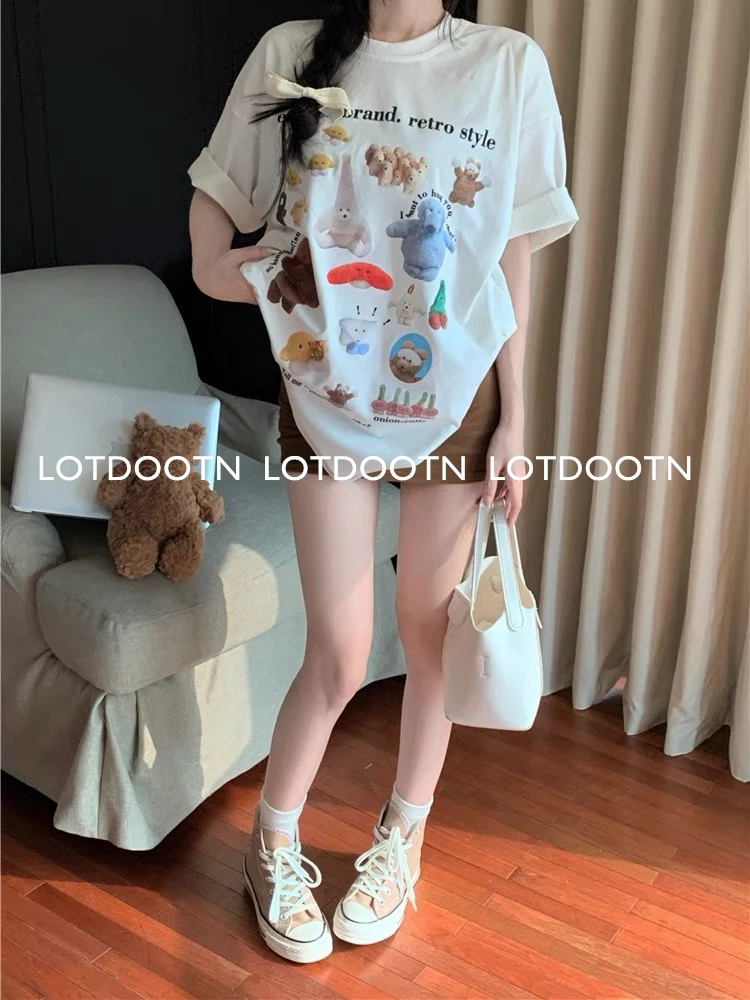 LOTDOOTN Cartoon Doll Party Print Short-sleeved Couple Style Niche Trend Loose Casual Couple Tee Cotton Versatile Summer Tshirt