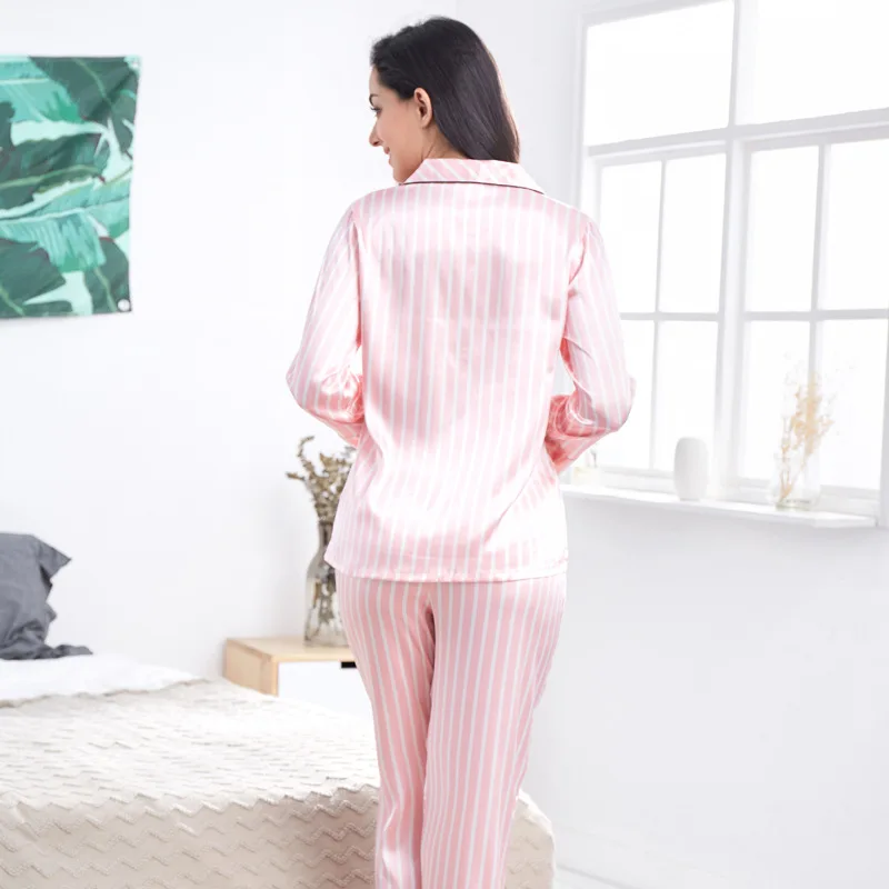 Summer Pajamas for Women Satin Silk Stripes Sleepwear Pyjamas Short Pink Loungewear Pjamas Ladies Home Suit Homewear Woman