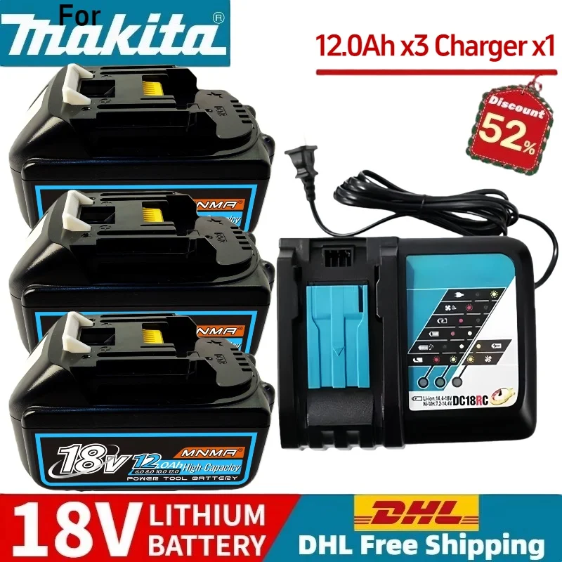 

18V 12.0Ah lithium battery for Makita BL1860B battery with fast charger, replacing BL1830B BL1840B BL1850B, with power tools