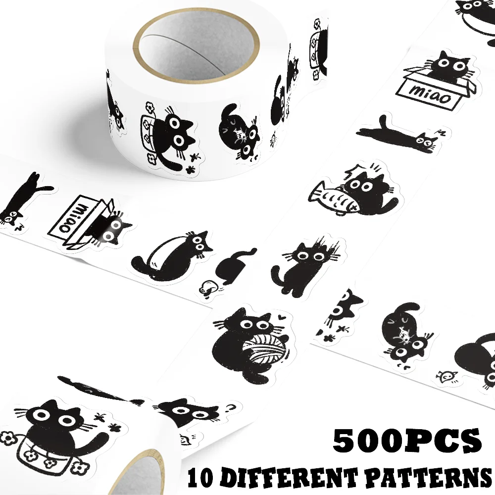 500pcs Cartoon Black Cat Roll Roll Stickers Laptop Scrapbook Diary Decoration Guitar Helmet Water Cup DIY Stickers