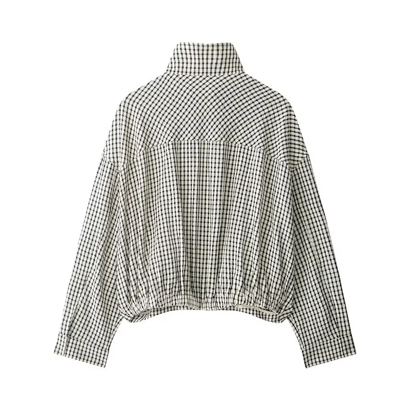 Nlzgmsj 2026 Women Spring Retro Check Jacket Stand Collar Loose Fit Streetwear Plaid Outerwear Y2K