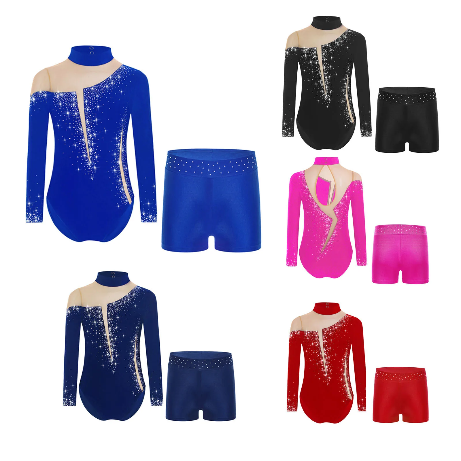 

Girls Dance Rhinestones Leotard Ballet Long Sleeve Sheer Mesh Patchwork Bodysuit with Shorts for Gymnastics Figure Skating Dance