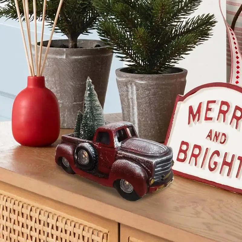 Christmas Red Truck Model Tabletop Decoration Red Car Resin Figurine Decorative Red Truck Model for Bookshelf Entryway Christmas