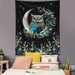1pc Bohemian owl floral aesthetic tapestry, moon and starry sky tapestry, cute owl plant floral plant room tapestry