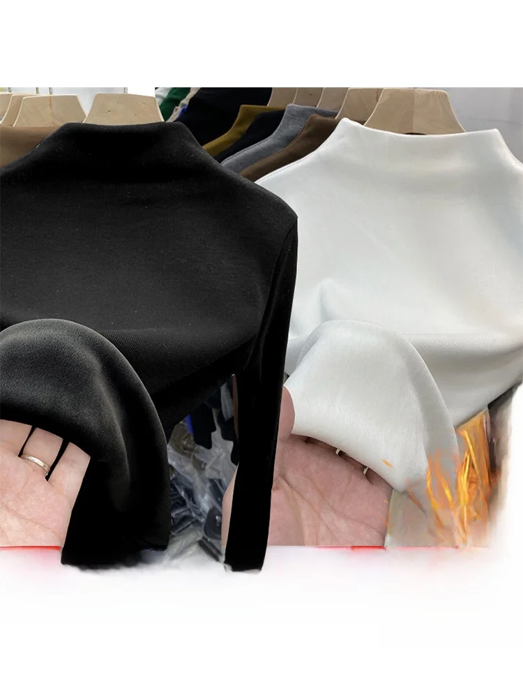 기본 롱 슬리브 안감 있는 심플 티셔츠 여성용 가을 겨울 하이 칼라 보온 탑 이너웨어 베이스 레이어