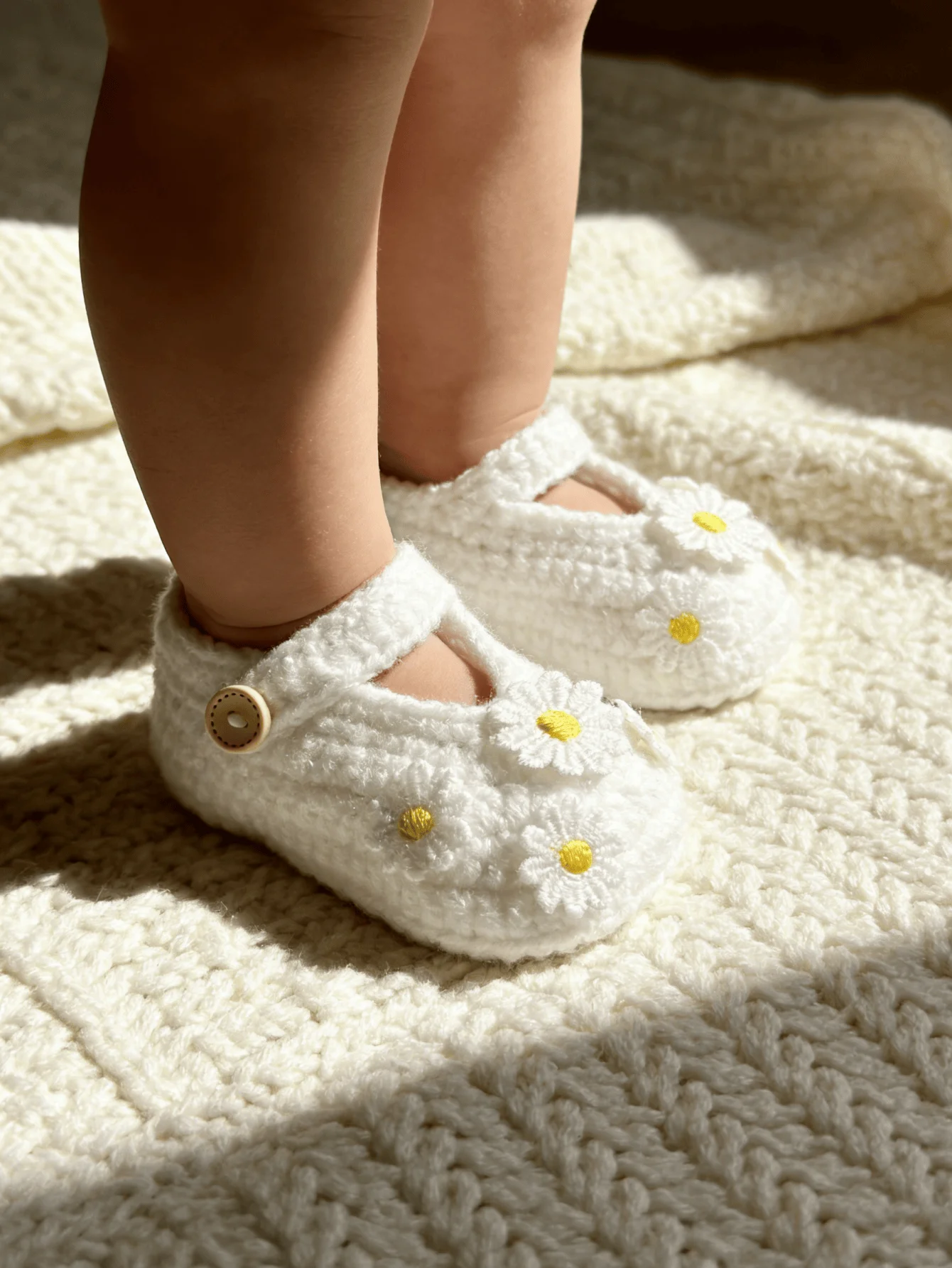 1 Pair Crochet Baby Girl Booties, White, Daisy Flower Detail, Button Strap, Soft Knit Infant Shoes