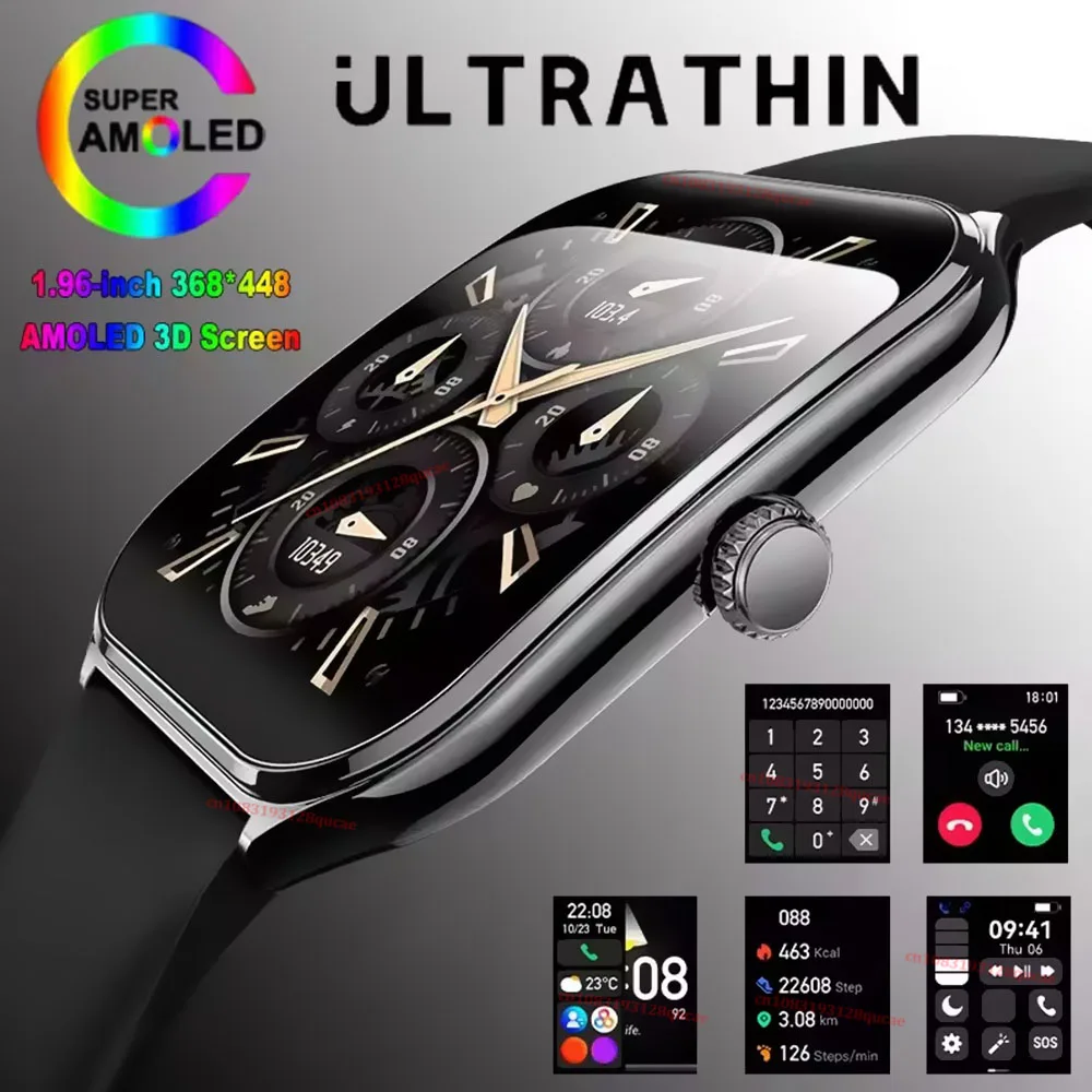 Neue ultradünne Smartwatch für Herren, 1,96 Zoll AMOLED Pixel-Display, Always-On-Display, BT-Anruf-Erinnerung, Smartwatch für Damen, für Android iOS Hw12