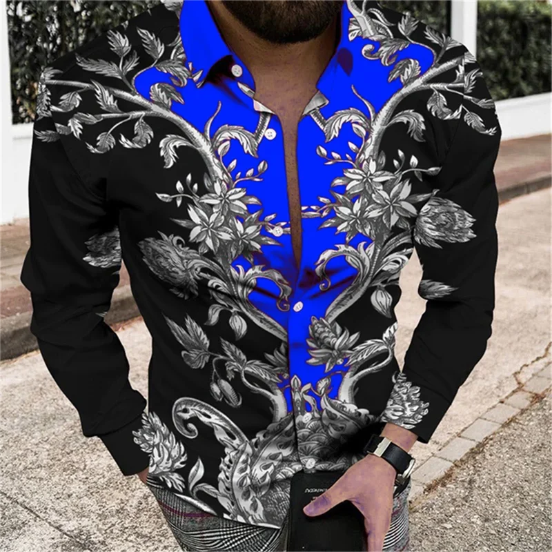 Men's long-sleeved lapel Hawaiian shirt European court vintage floral pattern 3D printed shirt Men's fashionable casual button