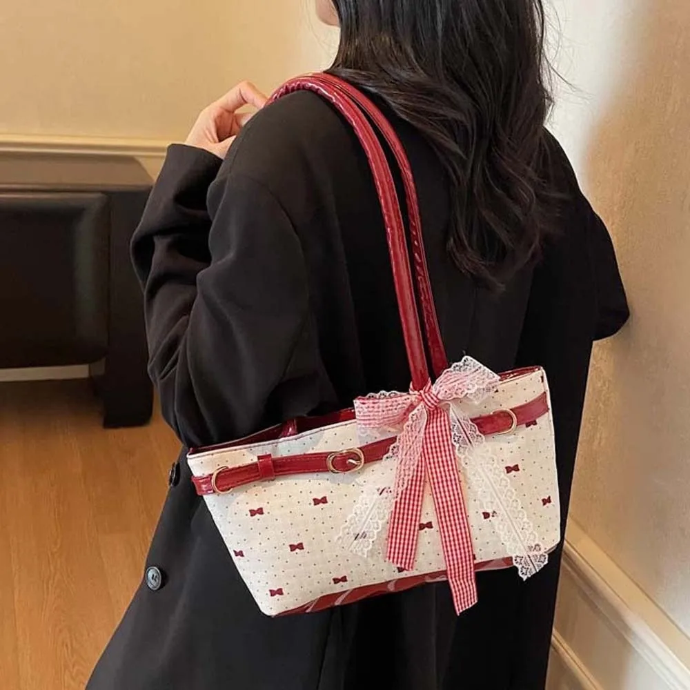 

Portable Sweet French Tote Bag Contrast Color Large Capacity Bow PU Handbag Korean Style Lace Ribbon Underarm Bags Work