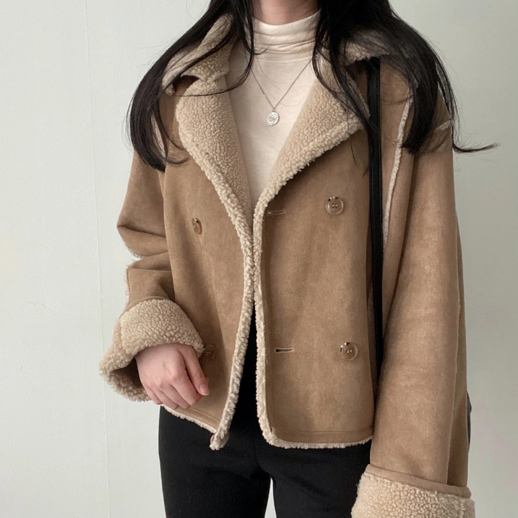 Korean Style Long Sleeve Double Breasted Pure Color Suede Jacket Autumn Winter Fashionable Versatile Suit Collar Outerwear