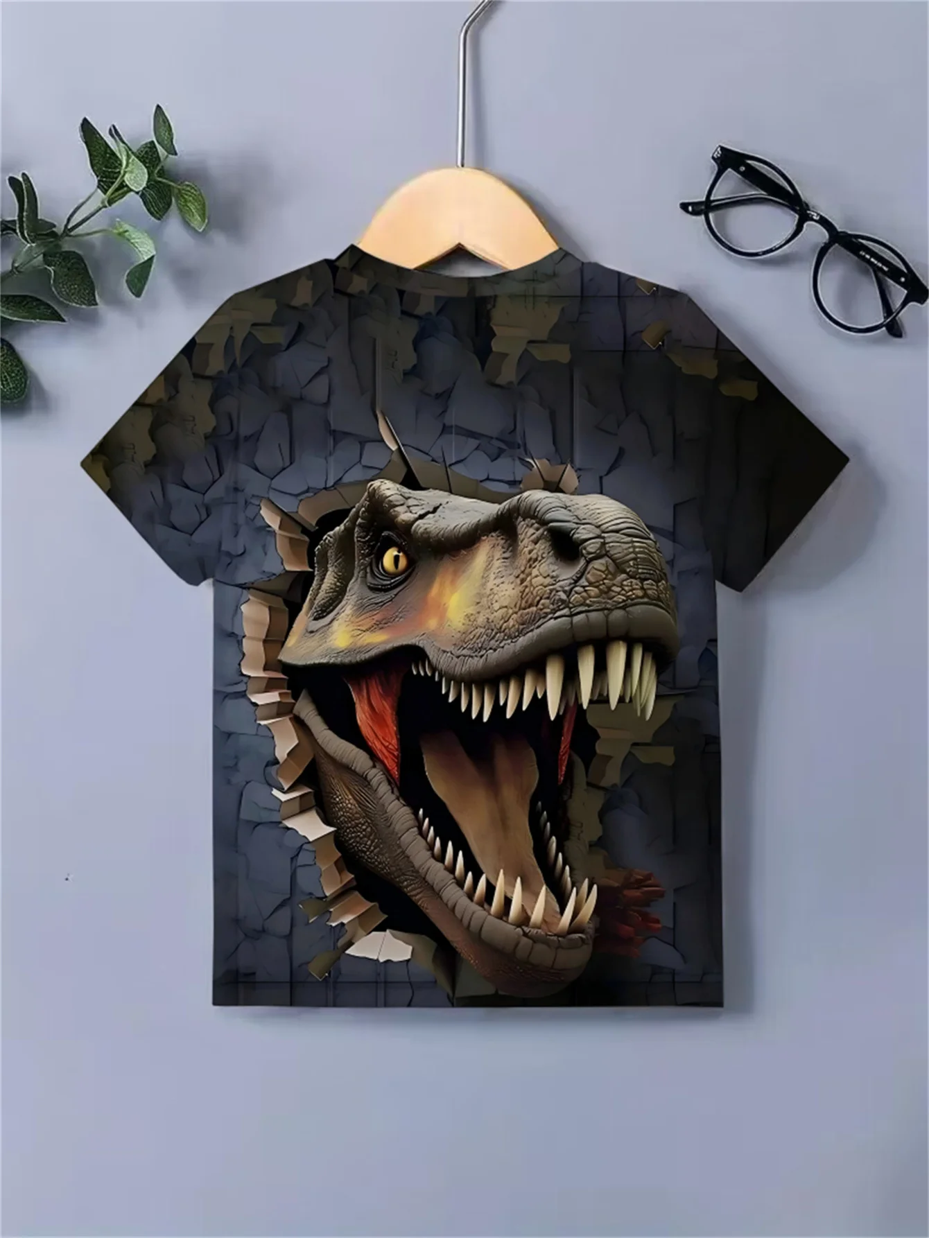 Boys Girls Dinosaur T Shirt Ferocious Tyrannosaurus Rex Crack Wall 3D All Over Print Youth Short Sleeve Casual Top