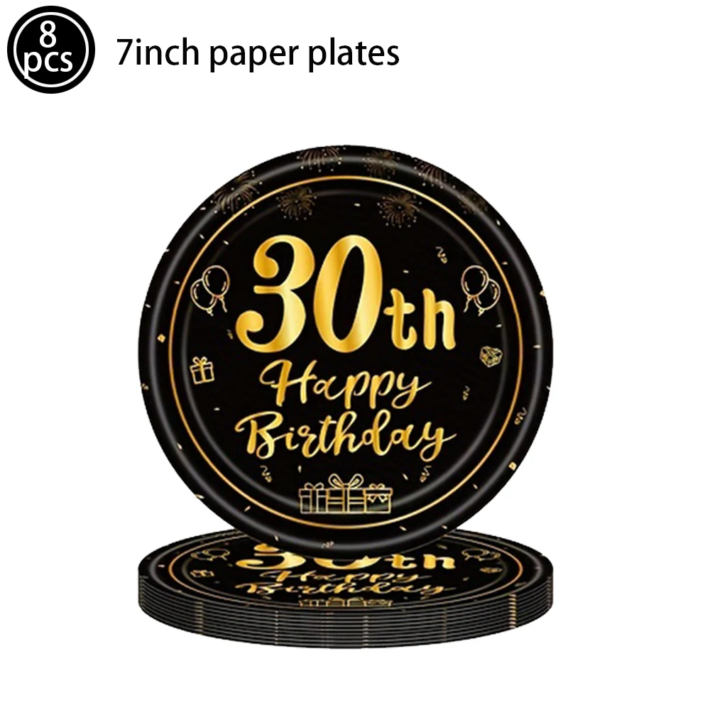Pappteller für 30/40/50/60. Geburtstagsfeiern, Servietten, Tassen, Schwarz und Gold, 30. 40. 50. 60. Geburtstag, Party-Dekorationen für Männer und Frauen ﻿ – Detail 2