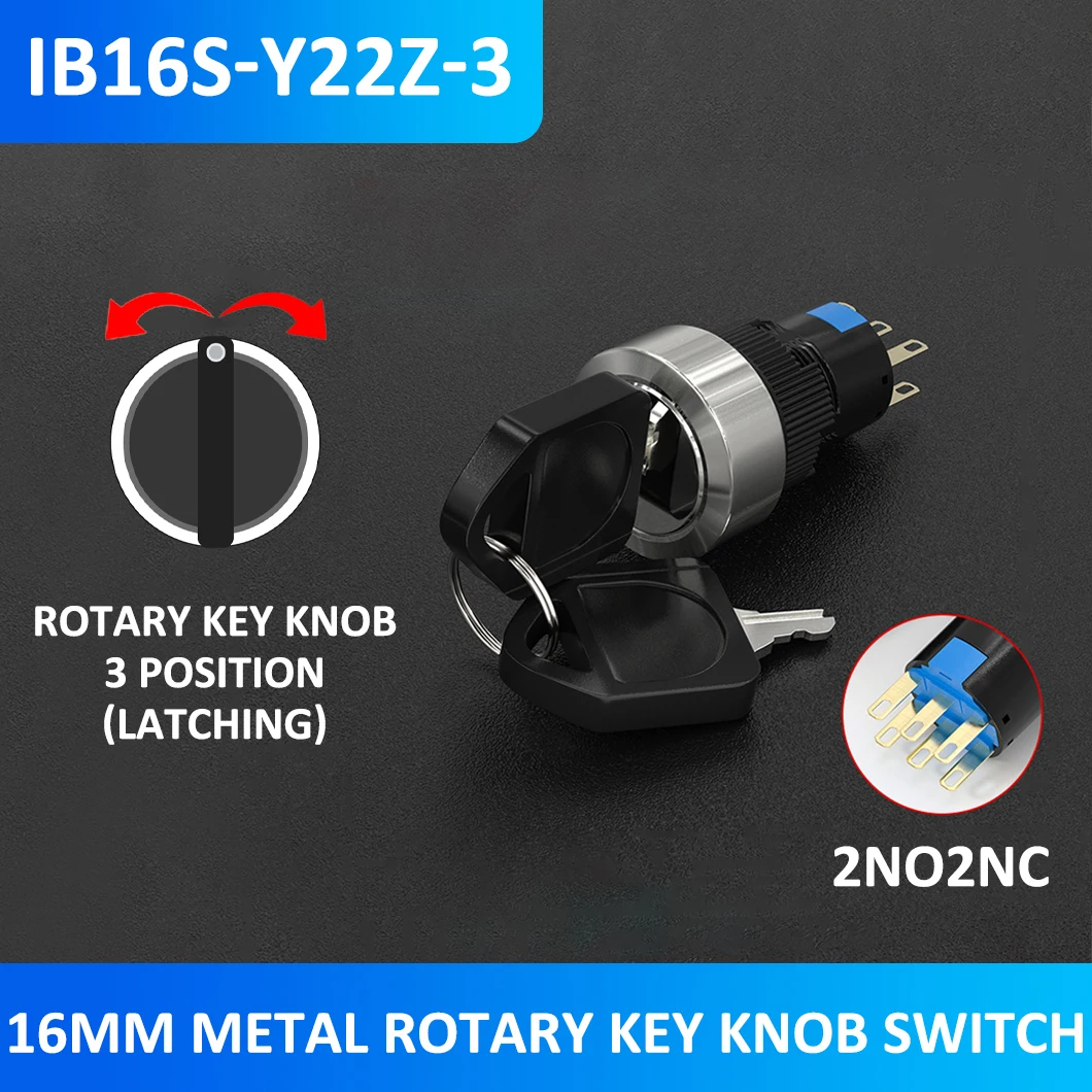 ABILKEEN 16/19/22mm Metal Rotary Key Switch 3 Position Latching 2NO2NC Key Operated Knob Switch with 2 Keys